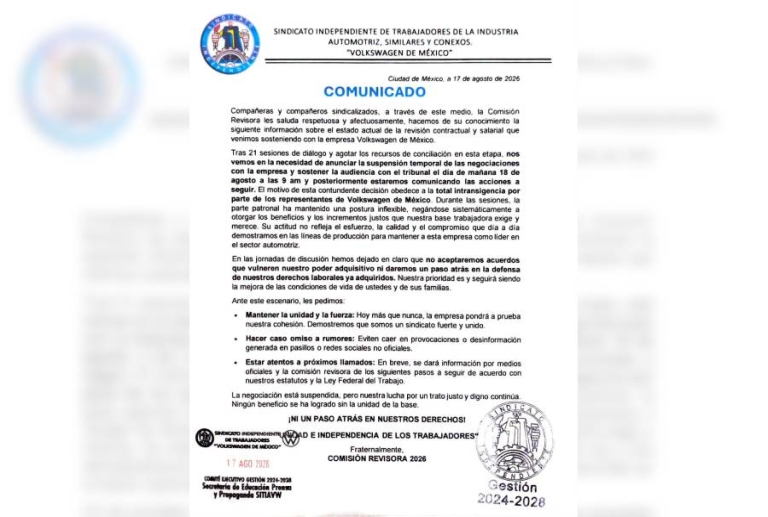 Suspendidas las negociaciones entre sindicato y la Volkswagen; Sitiavw da prórroga de 5 días