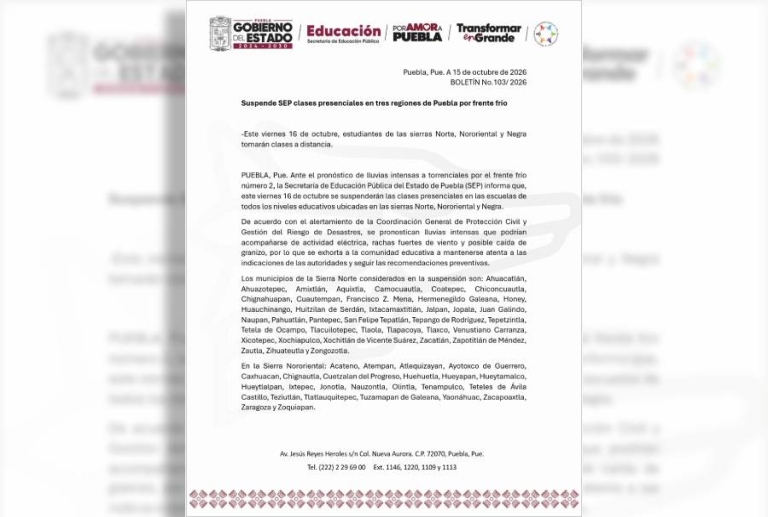 Por frente frío, SEP suspende clases presenciales en tres regiones de Puebla 